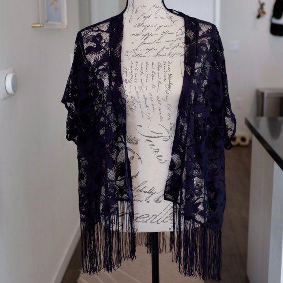 Topshop navy lace fringe open front cardigan shawl size S/M - Picture 1 of 3